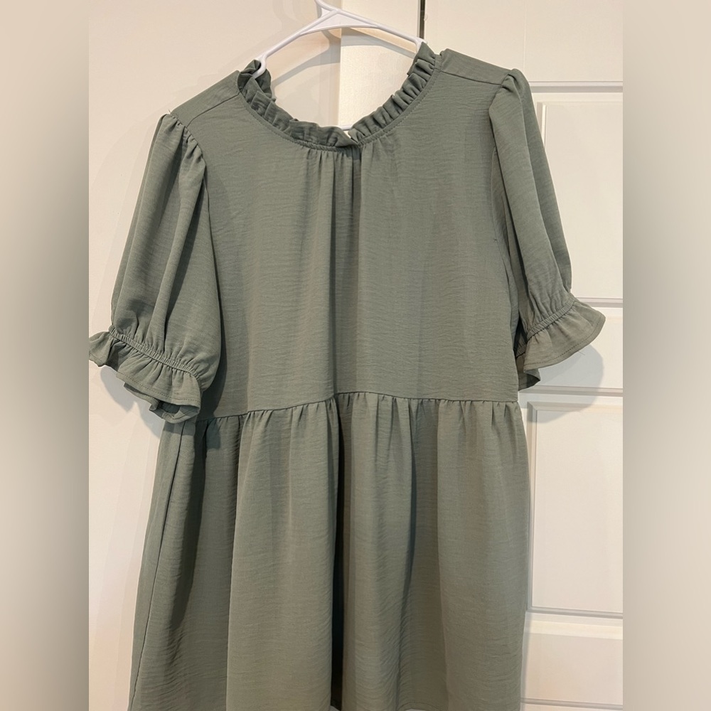 Sage green ruffle neck and sleeve blouse